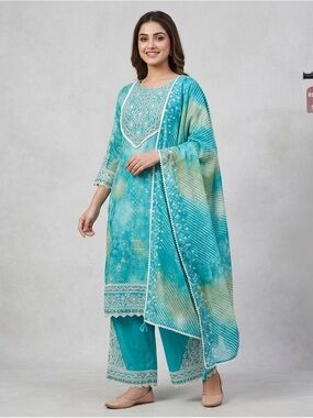 Teal Embroidered Kurta Palazzo Set | 3 Pc Ethnic Suit with Dupatta
